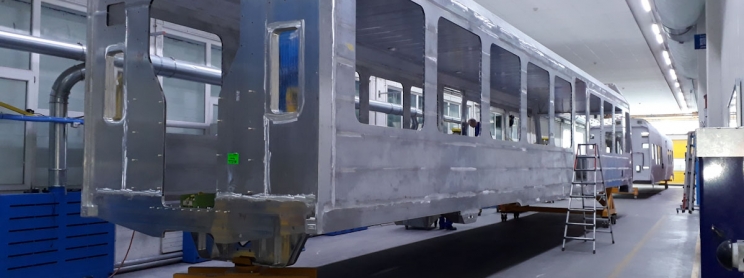 A cog railway train car being worked on in Manitou Springs, Colorado.
