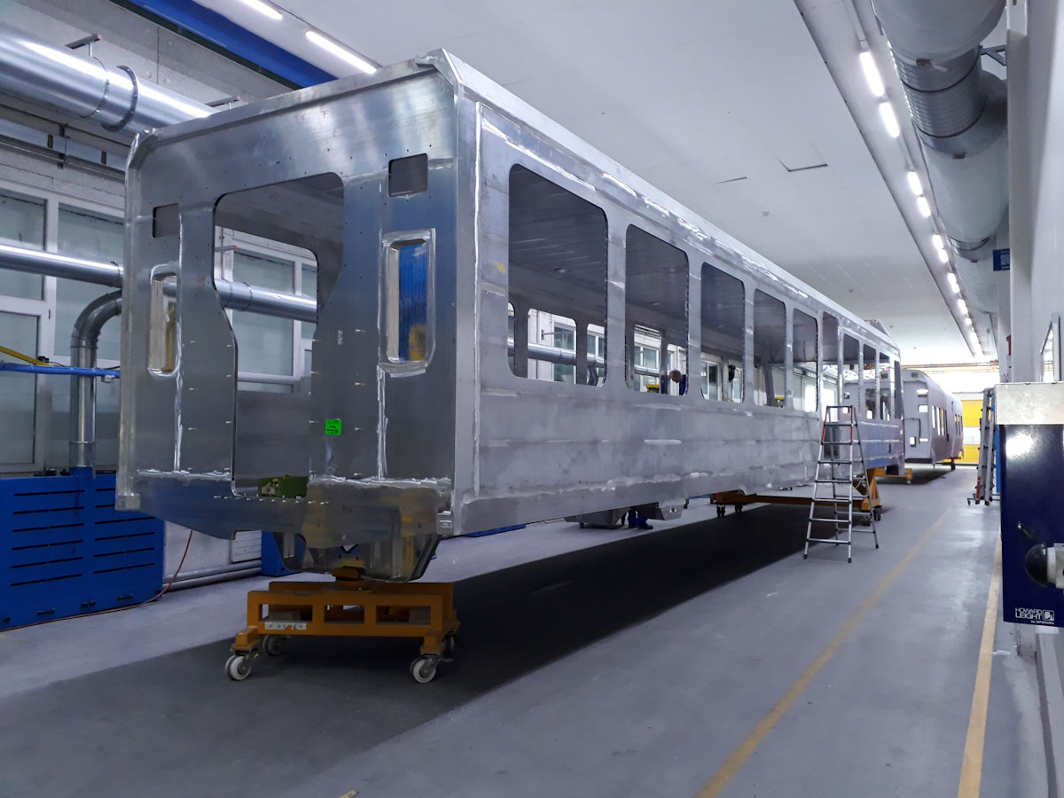 A cog railway train car being worked on in Manitou Springs, Colorado.
