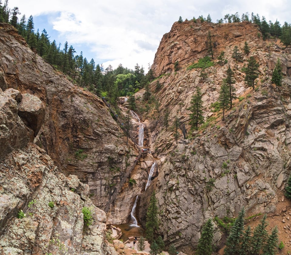 Aerial view of waterfall in canyon on sunny afternoon